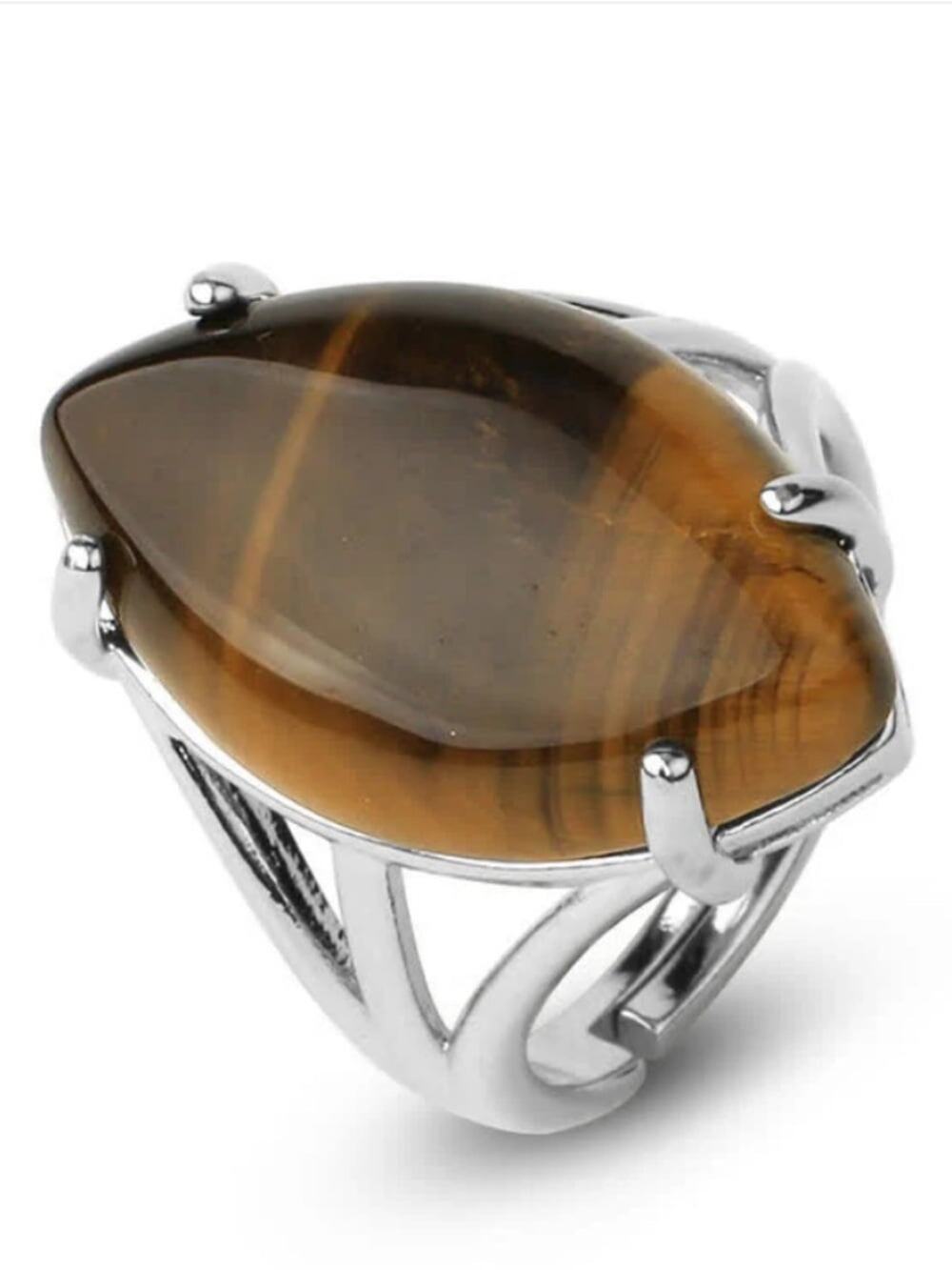 Tiger Eye Adjustable Statement Ring Silver Tone Bold Chunky Cocktail Ring